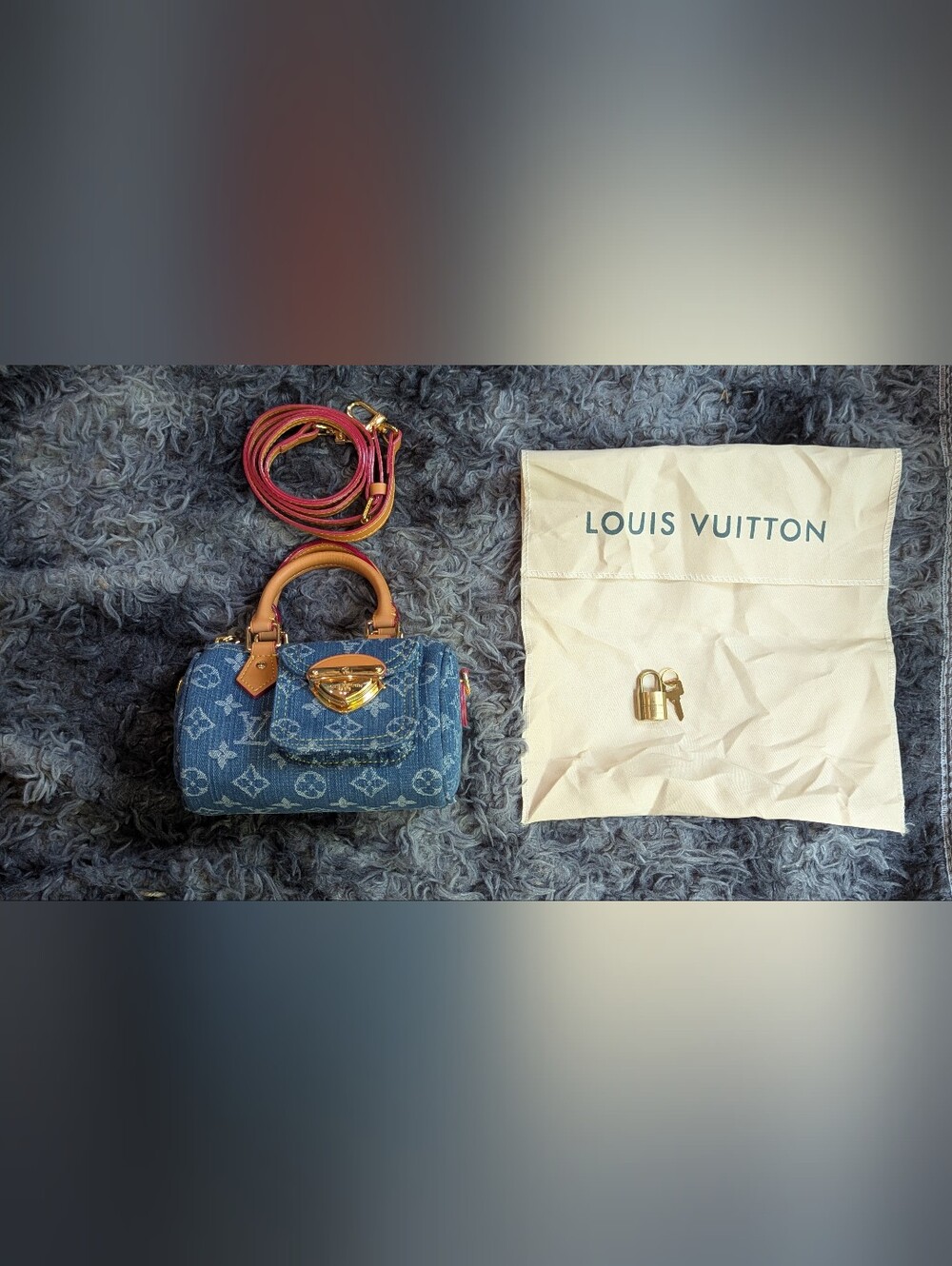 Louis Vuitton Blue Denim Mini Satchel with Tan Handles and Gold Hardware - Picture 3 of 10